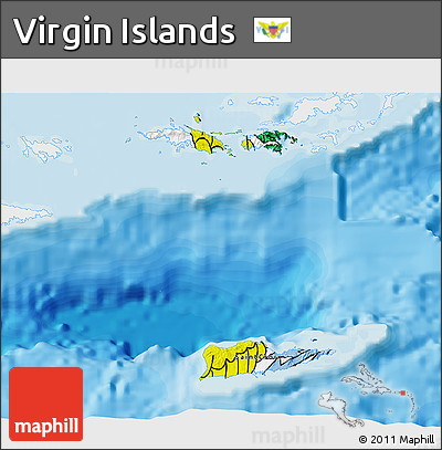Flag 3D Map of Virgin Islands, single color outside, bathymetry sea, shaded relief sea, flag aligned to the middle