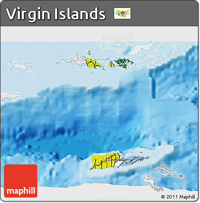 Flag 3D Map of Virgin Islands, single color outside, bathymetry sea, shaded relief sea, flag aligned to the middle