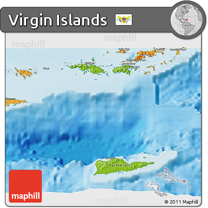 Physical 3D Map of Virgin Islands, political outside, shaded relief sea