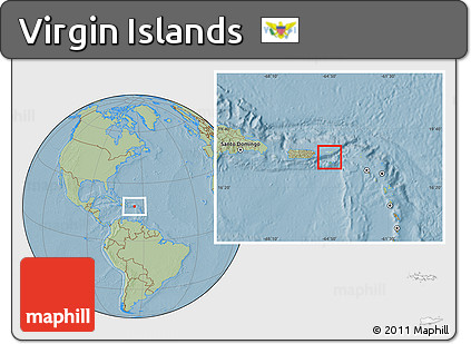 Physical Location Map of Virgin Islands, savanna style outside, hill shading