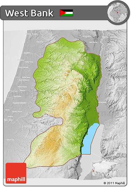 Physical 3D Map of West Bank, lighten, desaturated