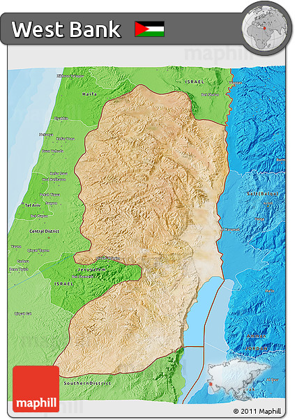 Satellite 3D Map of West Bank, political shades outside