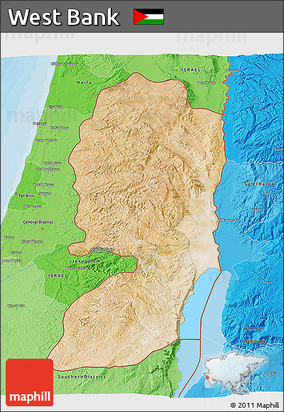 Satellite 3D Map of West Bank, political shades outside