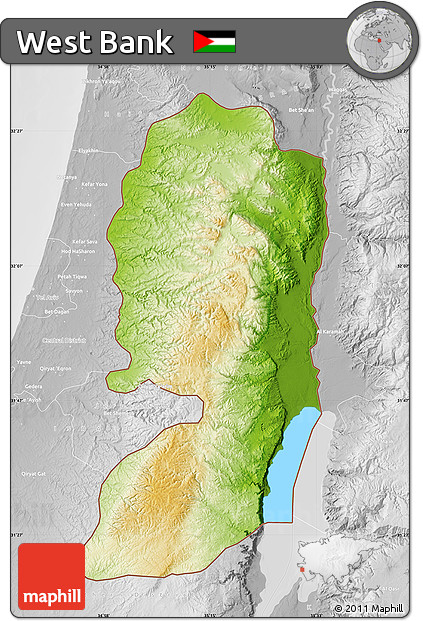 Physical Map of West Bank, lighten, desaturated