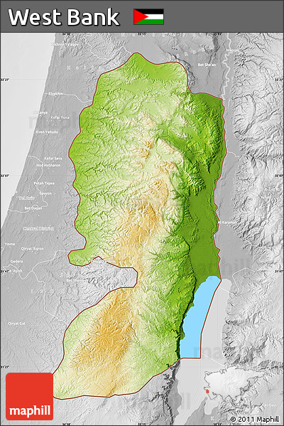 Physical Map of West Bank, lighten, desaturated