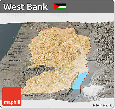 Satellite Panoramic Map of West Bank, darken, semi-desaturated