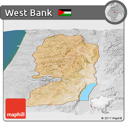 Satellite Panoramic Map of West Bank, lighten, desaturated, land only