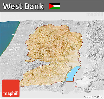 Satellite Panoramic Map of West Bank, lighten, desaturated, land only