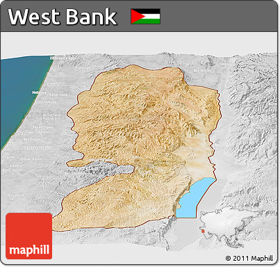 Satellite Panoramic Map of West Bank, lighten, desaturated, land only