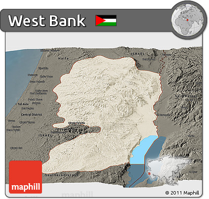 Shaded Relief Panoramic Map of West Bank, darken
