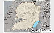 Shaded Relief Panoramic Map of West Bank, darken, semi-desaturated