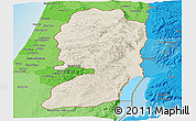 Shaded Relief Panoramic Map of West Bank, political shades outside, shaded relief sea