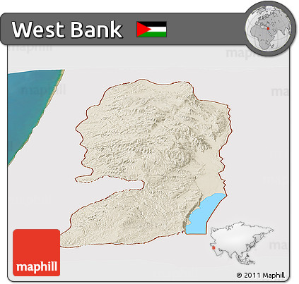 Shaded Relief Panoramic Map of West Bank, single color outside, satellite sea