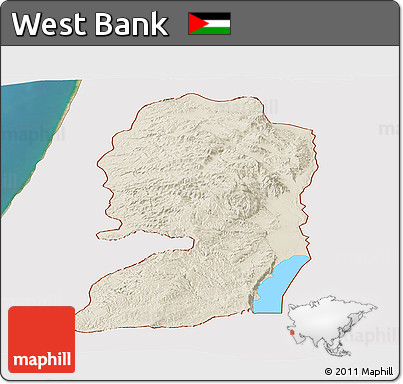 Shaded Relief Panoramic Map of West Bank, single color outside, satellite sea