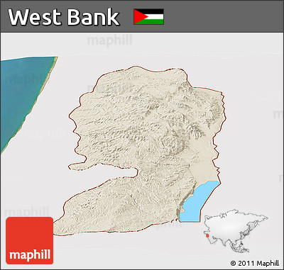 Shaded Relief Panoramic Map of West Bank, single color outside, satellite sea
