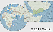 Savanna Style Location Map of Yemen, lighten, land only, hill shading