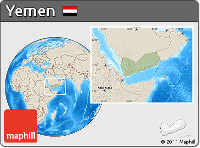 Savanna Style Location Map of Yemen, shaded relief outside, hill shading