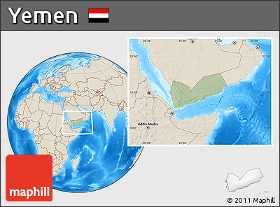 Savanna Style Location Map of Yemen, shaded relief outside, hill shading
