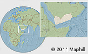 Shaded Relief Location Map of Yemen, savanna style outside, hill shading