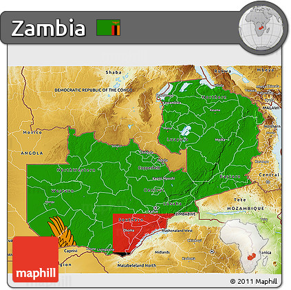 Flag 3D Map of Zambia, physical outside, flag aligned to the middle