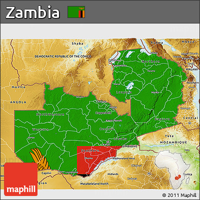 Flag 3D Map of Zambia, physical outside, flag aligned to the middle