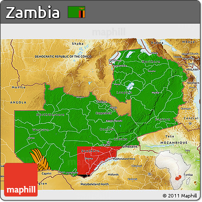 Flag 3D Map of Zambia, physical outside, flag aligned to the middle