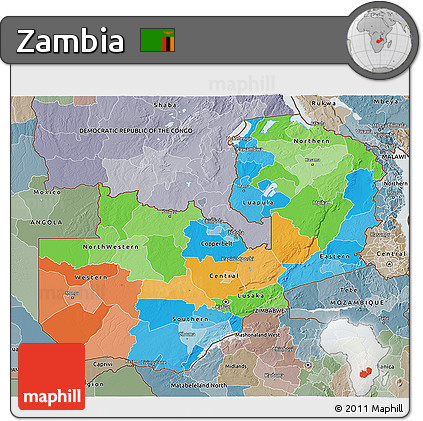 Political 3D Map of Zambia, semi-desaturated