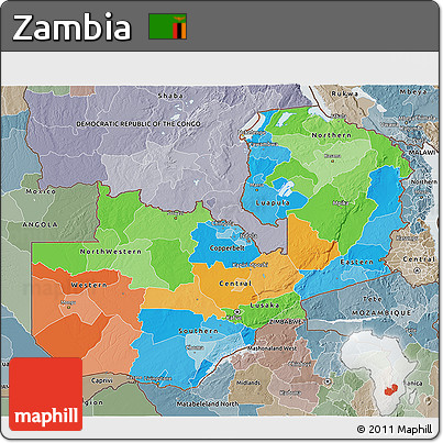 Political 3D Map of Zambia, semi-desaturated