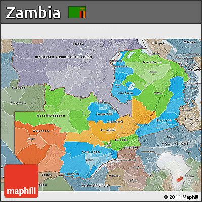 Political 3D Map of Zambia, semi-desaturated