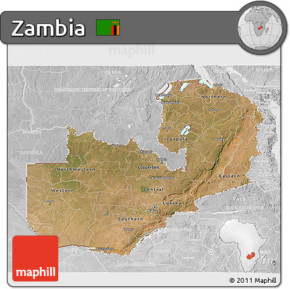 Satellite 3D Map of Zambia, lighten, desaturated
