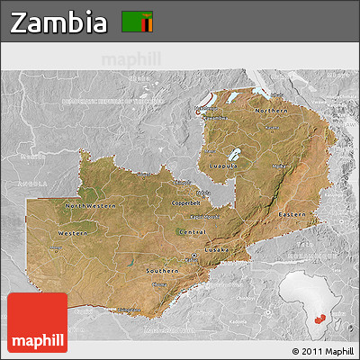 Satellite 3D Map of Zambia, lighten, desaturated