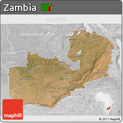 Satellite 3D Map of Zambia, lighten, desaturated