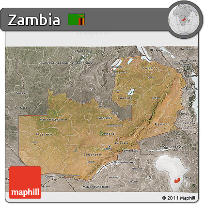 Satellite 3D Map of Zambia, semi-desaturated