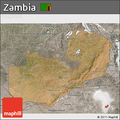 Satellite 3D Map of Zambia, semi-desaturated