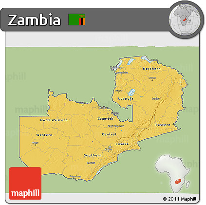 Savanna Style 3D Map of Zambia, single color outside