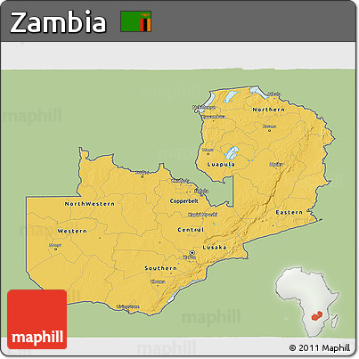Savanna Style 3D Map of Zambia, single color outside