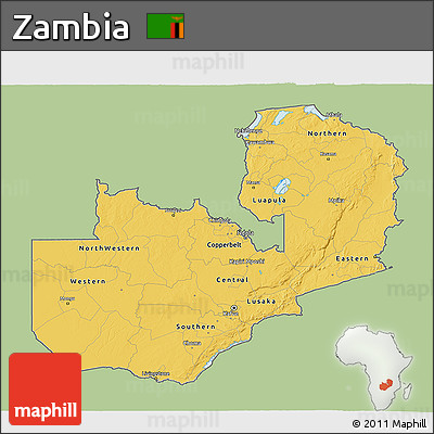 Savanna Style 3D Map of Zambia, single color outside