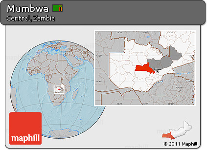 Gray Location Map of Mumbwa, highlighted country, highlighted parent region, hill shading