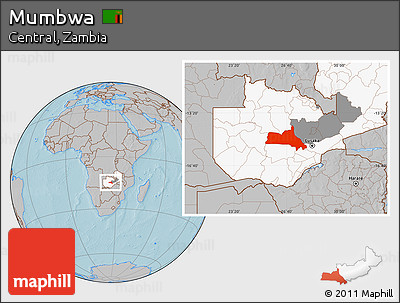 Gray Location Map of Mumbwa, highlighted country, highlighted parent region, hill shading