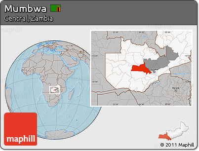 Gray Location Map of Mumbwa, highlighted country, highlighted parent region, hill shading