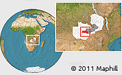 Satellite Location Map of Mumbwa, highlighted country, highlighted parent region, within the entire country