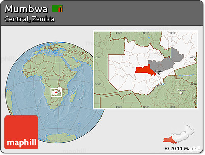 Savanna Style Location Map of Mumbwa, highlighted country, highlighted parent region, hill shading