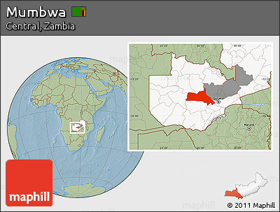 Savanna Style Location Map of Mumbwa, highlighted country, highlighted parent region, hill shading