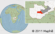 Savanna Style Location Map of Mumbwa, highlighted country, highlighted parent region, hill shading
