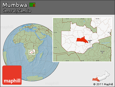 Savanna Style Location Map of Mumbwa, highlighted country, hill shading