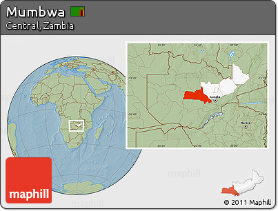 Savanna Style Location Map of Mumbwa, highlighted parent region, hill shading
