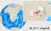 Shaded Relief Location Map of Mumbwa, highlighted country, highlighted parent region, within the entire country