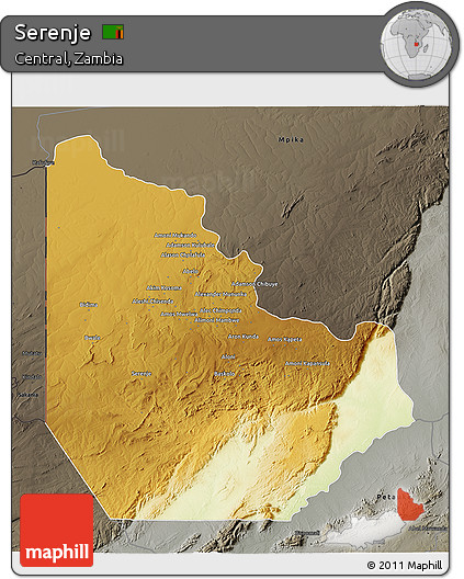 Physical 3D Map of Serenje, darken, semi-desaturated