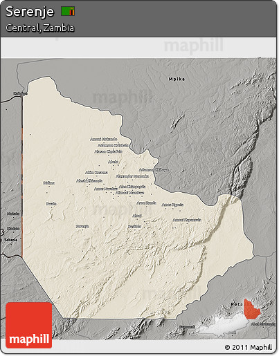 Shaded Relief 3D Map of Serenje, darken, semi-desaturated