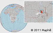 Gray Location Map of Serenje, highlighted parent region, within the entire country, hill shading